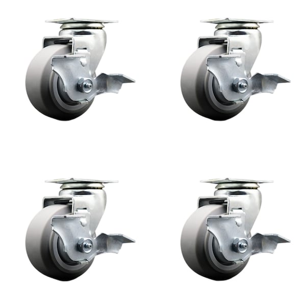 4 Inch Thermoplastic Rubber Swivel Caster Set with Ball Bearings and Brakes